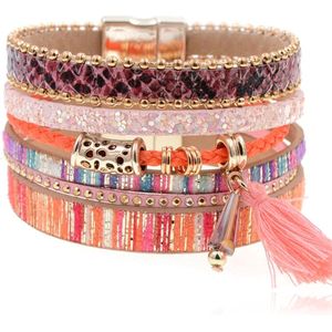 Leren multicolor roze Bohemian dames armband met bedel en kwastje