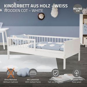 Kinderbed 80x160 cm met lattenbodem en uitvalbeveiliging wit grenenhout ML design