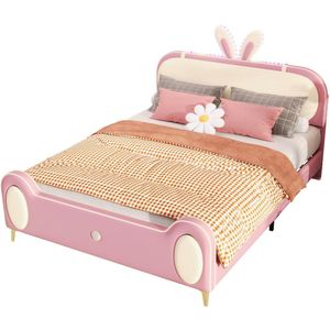 Merax Kinderbed 140x200 cm - Konijnen Oren Hoofdbord - LED Verlichting - Kunstleer Gestoffeerd Bed - Beige en Roze