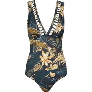 Badpak dames met v-hals en ajourdetail goud bladeren S