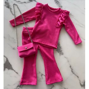 Baby/peuter 3 delig meisjes setje ""Roze"" bestaande uit een flared pants, trui en een bijpassend tasje, verkrijgbaar in de maten 74/80 t/m 98/104