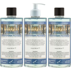 Handzeep Hammam Herbal 500 ml - set van 3 stuks - met gratis pomp - Voordeelverpakking