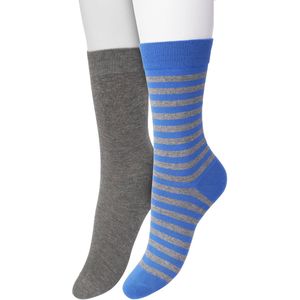 Bonnie Doon Sokken Set Gestreept en Effen voor Dames Blauw/Grijs maat 36/42 - Set met 2 paar Sokken - Strepen - Katoenen Sok - Gladde Naden - Brede Boord - Perfecte Pasvorm - 2-pack - Multipack - Anthracite Heather - Strong Blue - OL041101.366