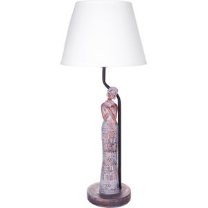 BRUBAKER Tafel- of bedlampje Afrikaanse vrouw in koperlook - tafellamp met keramische voet en stoffen kap - 58 cm hoog, grijs wit