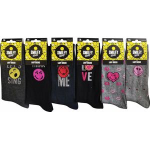 Smiley sokken voor dames - 6 paar leuke kousen met print - One Size - ideaal als geschenk