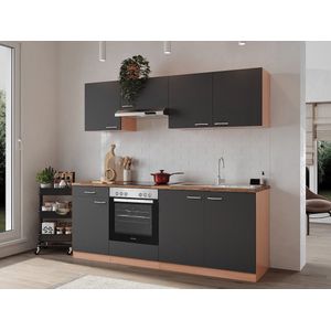 Goedkope keuken 210  cm - complete keuken met apparatuur Gerda  - Beuken/Grijs  - keramische kookplaat  - afzuigkap - oven  - spoelbak