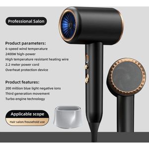T&L Store® Föhn - 2400W - 6 Standen - Overhitting Bescherming Aanwezig - Turbo Motor Technology - 2.2m Kabel - 220v - Zwart