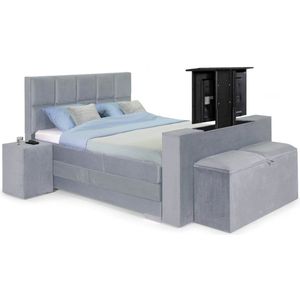 Sweet Sleep Elektrische Boxspring compleet - 180x190 - Incl. 2 Hockers, TV-Lift, Bedbank met opbergruimte & 8-Vlaks Hoofdbord – Monolith Grijs