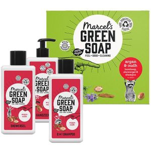 6x Marcel's Green Soap Geschenkset Argan & Oudh Handzeep 250 ml + 2-in-1 Shampoo 250 ml + Shower Gel 250 ml