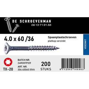 De schroevenman-spaanplaatschroeven 4,0x60 Torx 20 Verzinkt Deeldraad VE=200