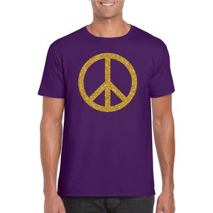 Paars Flower Power t-shirt gouden glitter peace teken heren - Sixties/jaren 60 kleding XL