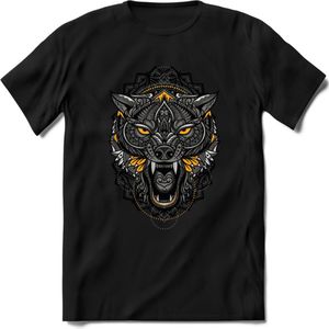 Wolf - Dieren Mandala T-Shirt | Geel | Grappig Verjaardag Zentangle Dierenkop Cadeau Shirt | Dames - Heren - Unisex | Wildlife Tshirt Kleding Kado | - Zwart - S