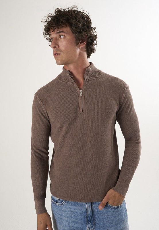 Felix Hardy - Pullover - Bruin - 100% Katoen - Heren - Halve Rits