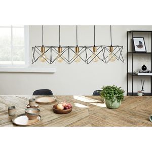 Lifa Living - Industriële Hanglamp - Zwart Metalen Frame - Gouden Fitting - 5 Lichtpunten - E27 - voor Gloeilampen - Inclusief Bevestigingsmateriaal - 93 x 19 x 19 cm