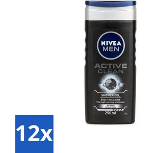 12 x NIVEA MEN - Douchegel - Active Clean - 250 ml - Douchegel - Reiniging - Houtskool - Mannelijke Geur - Huidverzorging