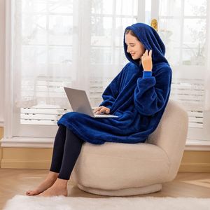 Hoodie deken met mouwen en capuchon, knuffeltrui-deken, oversized, voor dames, knuffeldeken met mouwen als cadeau voor je vrouw, vriendin, moeder, blauw