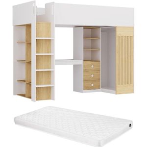 Vente-unique Hoogslaper 90 x 190 cm met bureau en hangkast - Kleur: wit en naturel + matras - LORINTI L 235 cm x H 180 cm x D 108.5 cm