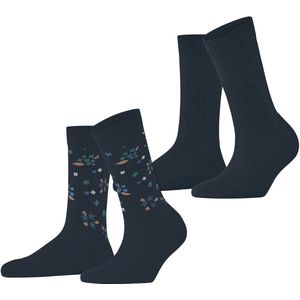 Esprit Flower Rib 2-Pack gedessineerd katoen multipack sokken dames blauw - maat 35-38