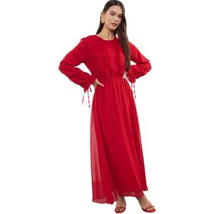 Trendyol Jurk Van Geweven Chiffon Met Rode Mouwen En Ruches Tctss24Eb00251