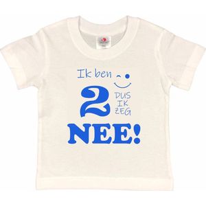 T-shirt Kinderen ""Ik ben 2 dus ik zeg NEE!"" | korte mouw | wit/blauw | maat 86/92 (XXS)