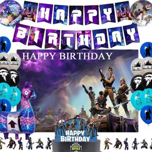 Fortnite Feest Verjaardag Versiering - 34 stuks - Ballonnen - Cake Toppers - Banner - Happy Birthday Slingers