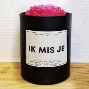 Ik mis je - Soja was geurkaars - Rode roos - Kaarsglas mat zwart - Vanille geur - 250 gram - 50 branduren - Geurkaars - Kaars - Kaars met tekst - Soja was – Soy wax – Handgemaakt – Cadeau – Vanilla - Geschenk – Duurzaam