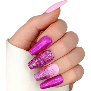 SD Press on Nails - No. 74 Pink Magic - Plaknagels met nagellijm - Lange Coffin Nageltips - Roze Glitter - Set 20 Handgemaakte Nagels - Gellak - Nepnagels - Kunstnagels - Gellak- Nagellak - Nagelset - Accessoires Kerst en Feestdagen