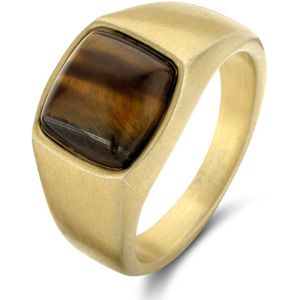 Frank 1967 7FR-0016-66 Stalen Ring met Steen - heren - Tijgeroog - 9,8 x 9,3 mm - Vintage Look - Goudkleurig Staal - Maat 66 - Zwart