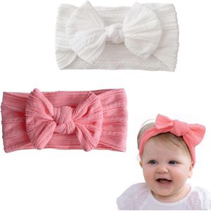 Babyhoofdbanden met tulband - 2 stuks - Roze en wit - Zacht en elastisch haaraccessoire voor pasgeborenen en peuters