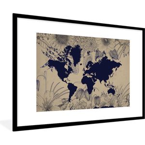 Fotolijst incl. Poster - Wereldkaart - Bloemen - Blauw - 120x80 cm - Posterlijst