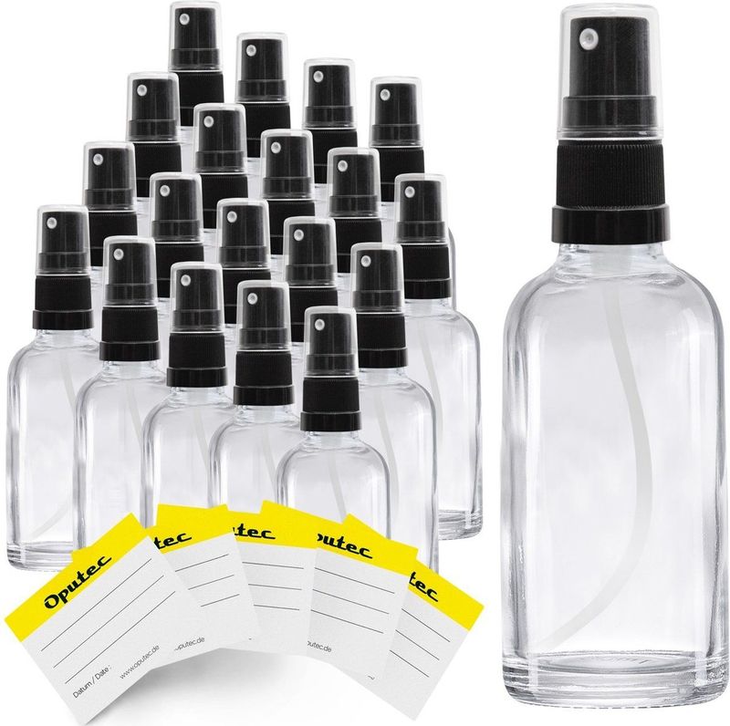 Oputec 20 x 30 ml sprayflessen – helder glas met fijne verstuiver & etiketten – lekvrij & handzaam