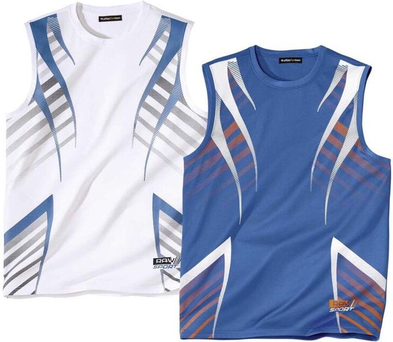 Atlas For Men - Mouwloze Tanktops - Wit en Azuurblauw - 100% Polyester