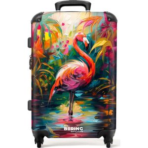 NoBoringSuitcases.com - Grote koffer - Flamingo in kleurrijke omgeving van olieverf - Reiskoffer met 4 wielen - Trolley op wieltjes - Rolkoffer groot - 60 liter - Ruimbagage valies 20kg - Valiezen voor volwassenen