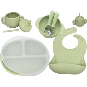 8 Delig set Olijf Groen Kinder Baby Servies met Siliconen Zuignap - Anti-slip, BPA-vrij, Onbreekbaar, Magnetronbestendig, Vriezerbestendig, Vaatwasserbestendig