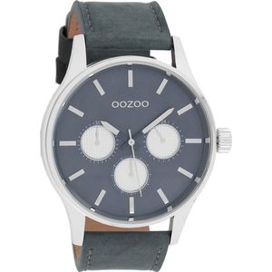 OOZOO Timepieces - Zilverkleurige horloge met donker blauwe leren band - C10048