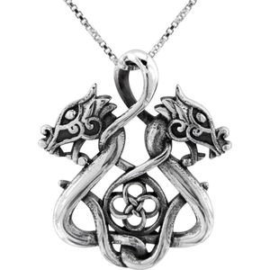 Ketting zilver | Zilveren ketting met hanger, dubbele draak met gevlochten details