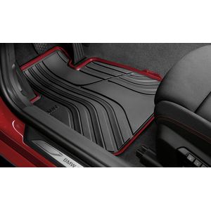 Rubberen Automatten Voorzijde voor BMW 2 Serie Active Tourer (F45) & Gran Tourer (F46) - Tweedelig - Slijtvast - Incl. LCI & Klittenbandpluggen - Linker Stuur - Zwart-Rood - Thermoplastische Elastomeren