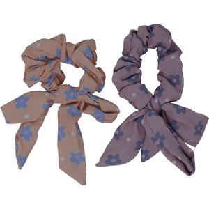 Jessidress Scrunchie met Bloemen print Haar elastieken Scrunchies met Strikje - Roze/Geel