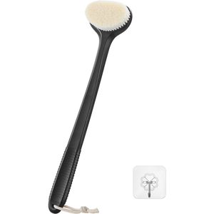 Achterrugborstel voor Douche – 43 cm Lange Antislip Handgreep Medium Harde Wildezwijnharen voor Zachte Exfoliatie – Zwart