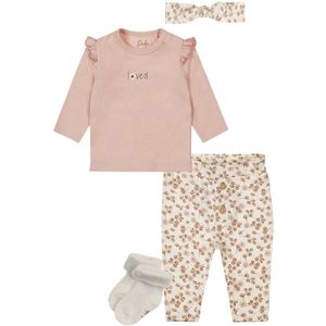 Dirkje - Basic Collection - BIO COTTON - Broek met bloemetjes Offwhite - Shirt Light Dusty Pink - haarbandje - 1 paar noppies sokjes - Maat 68