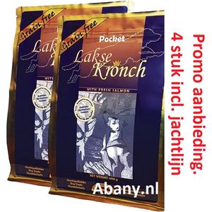 Abany Special - 4 x 600 gram + jachtlijn - altijd verse voorraad - Henne - Lakse Kronch - Pocket - 75% zalm - graan vrij - zalmsnacks - honden beloning - training - voordeelverpakking - hondenkoekjes
