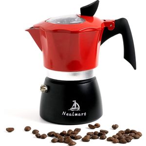 Espressomachine op kookplaat, premium rode aluminium mokkapot, 3 espressokopjes, percolator koffiepot, Italiaans koffiezetapparaat, Greca koffiezetapparaat voor cappuccino of latte