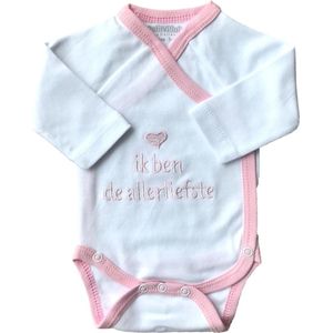 Baby romper - tekst - ik ben de allerliefste - kleding - omslagromper - wit roze
