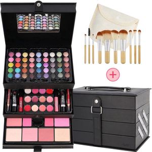 Make Up Koffer Meisjes Met Inhoud 82-Delig - Inclusief 10-Delige Kwasten Set & Reis Etui - Cosmetica Set Kinderen - Zwarte Beautycase