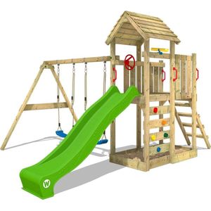 WICKEY speeltoestel klimtoestel MultiFlyer met houten dak, schommel & appelgroene glijbaan, outdoor klimtoren voor kinderen met zandbak, ladder & speel-accessoires voor de tuin