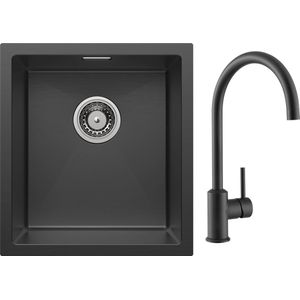 CECIPA max Spoelbakken Keuken - Spoelbak Met Keukenkraan (Antraciet/Gun metal 40 x 44 cm ) - roestvrij staal Spoelbak - Enkele spoelbak - Wasbak met waterafvoersysteem