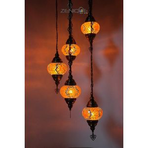 Turkse Lamp - Hanglamp - Mozaïek Lamp - Marokkaanse Lamp - Oosters Lamp - ZENIQUE - Authentiek - Handgemaakt - Kroonluchter - Oranje - 5 bollen