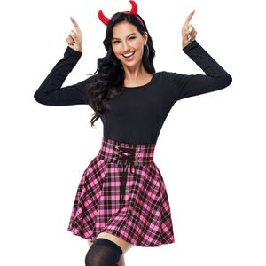 Geplooide Rok Voor Dames, Geruite Gothic Rok, Hoge Taille A-Lijn Cosplay Rokken, Mini Skater Rok Roze S