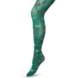 Bonnie Doon Bloemen Panty 80 Denier Donker Groen Dames maat S/M - Bloemen Print - Gladde Naden - Maximaal Draagcomfort - Floral Tights - Chique Panty - Feestelijk - Gebloemd - Kleurrijk - Bloemenprint - Donkergroen - Trekking Green - BP221906.380