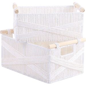 Set van 2 gevlochten macramé opbergmanden, boho decor geweven manden met handvat, decoratief werkblad toilettank, plank, kastorganizer, wit